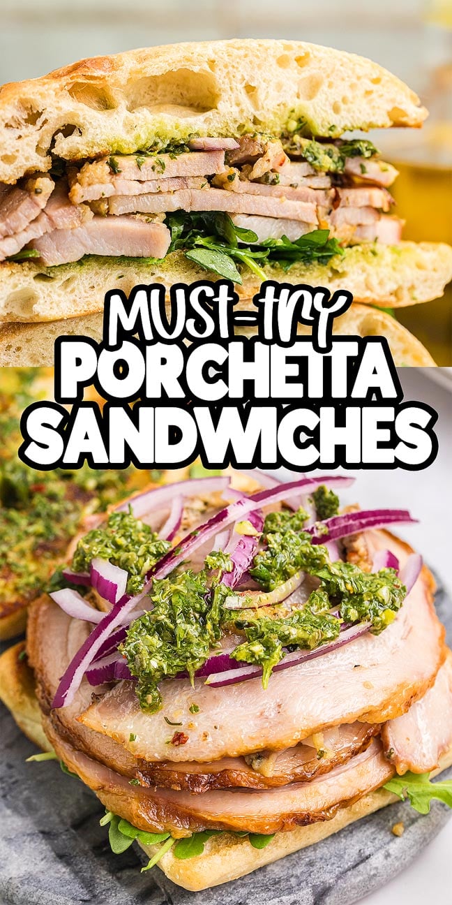 Close-up of a Porchetta Sandwich loaded with arugula, red onion, and green pesto on fresh ciabatta bread.