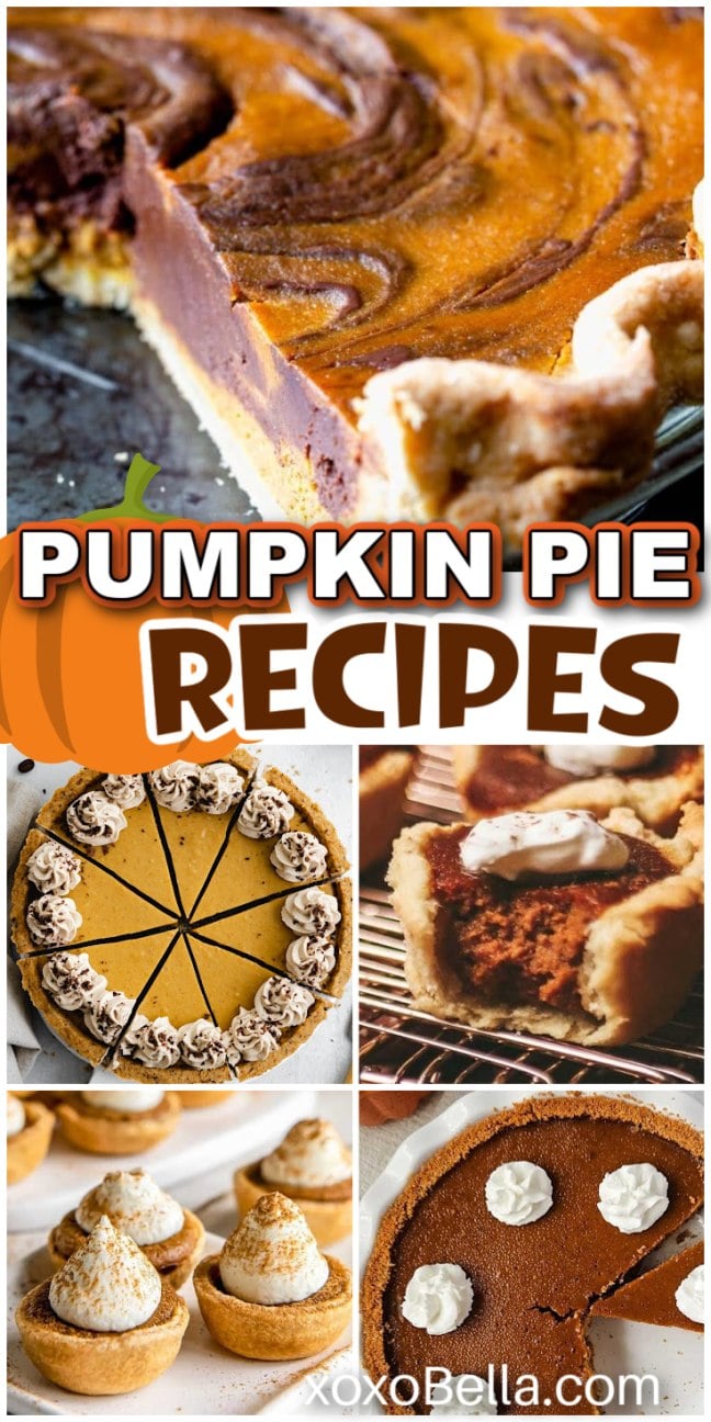 A selection of pumpkin pies and tarts with golden crusts, sliced and whole, topped with whipped cream or caramel on plates and stands.