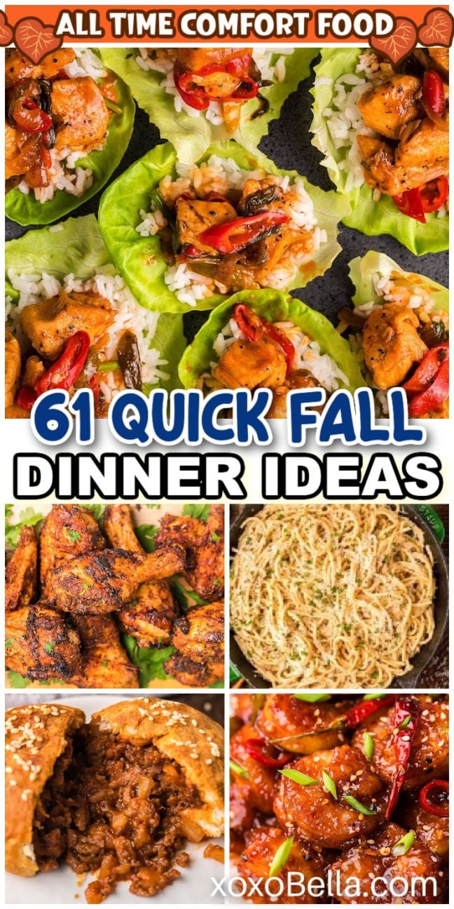 An assortment of fall dinner dishes like pasta, chicken and roasted vegetables served on plates and bowls.