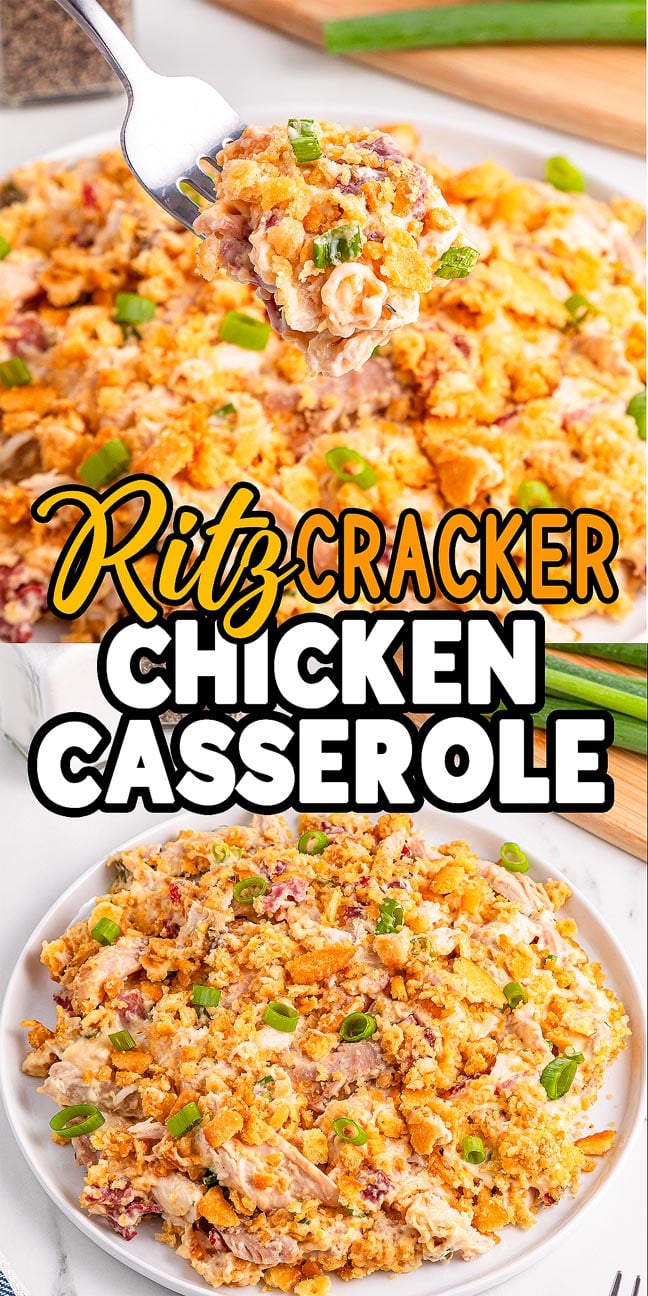 Ritz Cracker Chicken Casserole topped with buttery crushed crackers and fresh green onions, served on a white plate.
