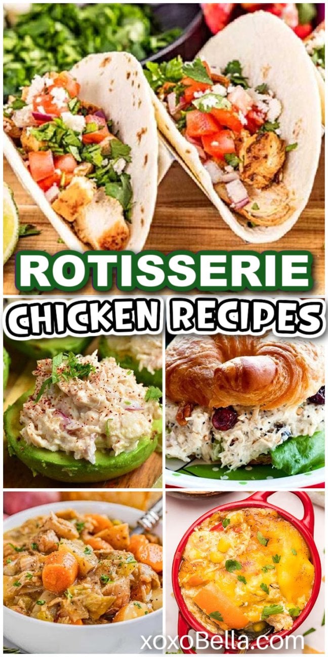 A mix of rotisserie chicken dishes including salads, tacos and casseroles arranged on plates and bowls.