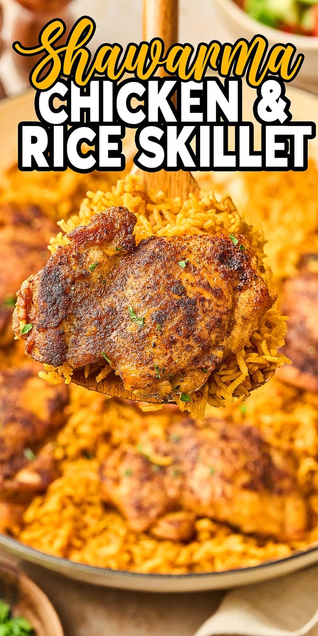 A Shawarma Chicken and Rice Skillet with a spoon lifting a seasoned chicken thigh and fluffy rice, bursting with Middle Eastern flavors.