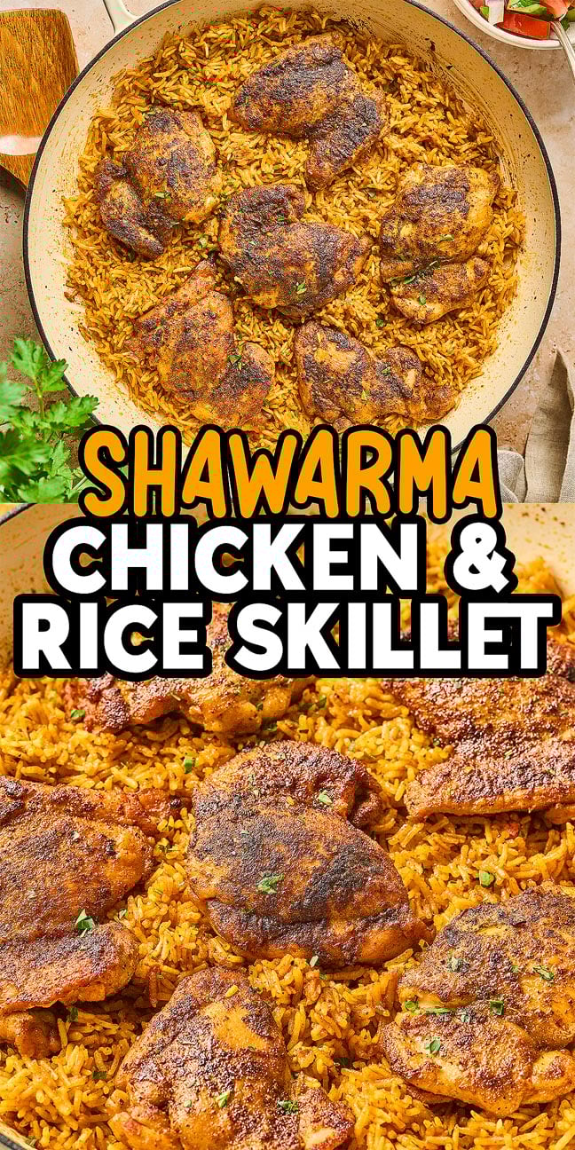 A Shawarma Chicken and Rice Skillet featuring spiced chicken thighs over golden rice, garnished with fresh herbs.