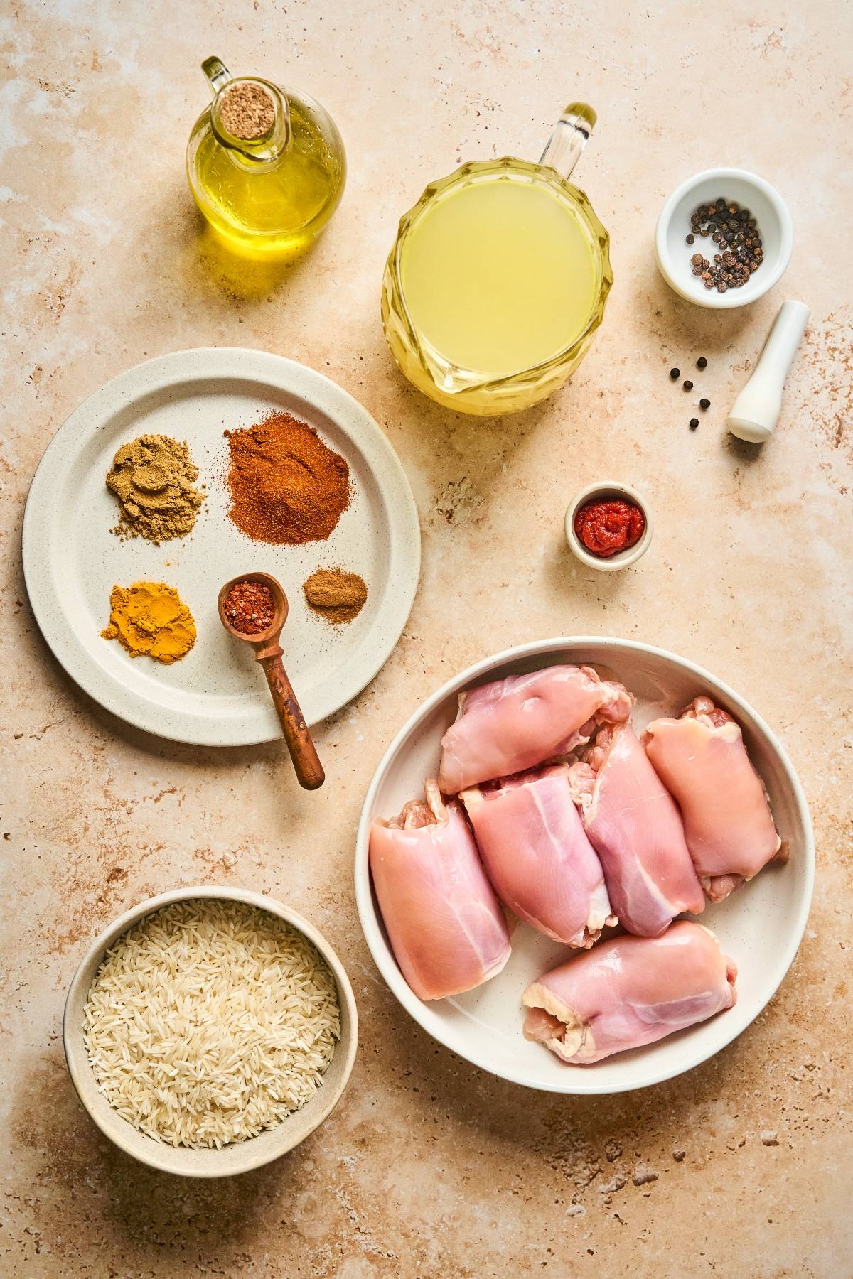Raw chicken thighs, spices, rice, olive oil, broth, tomato paste, and peppercorns on a light countertop.