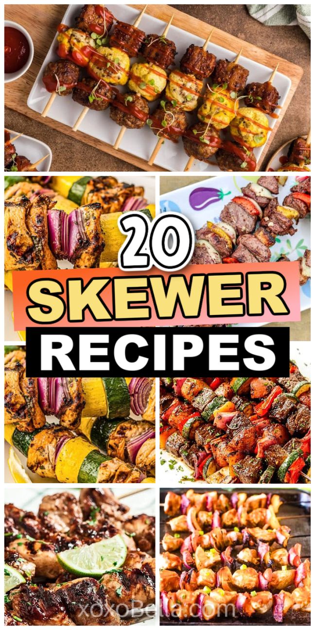 An assortment of skewers with meat, seafood and vegetables arranged on platters and serving boards.
