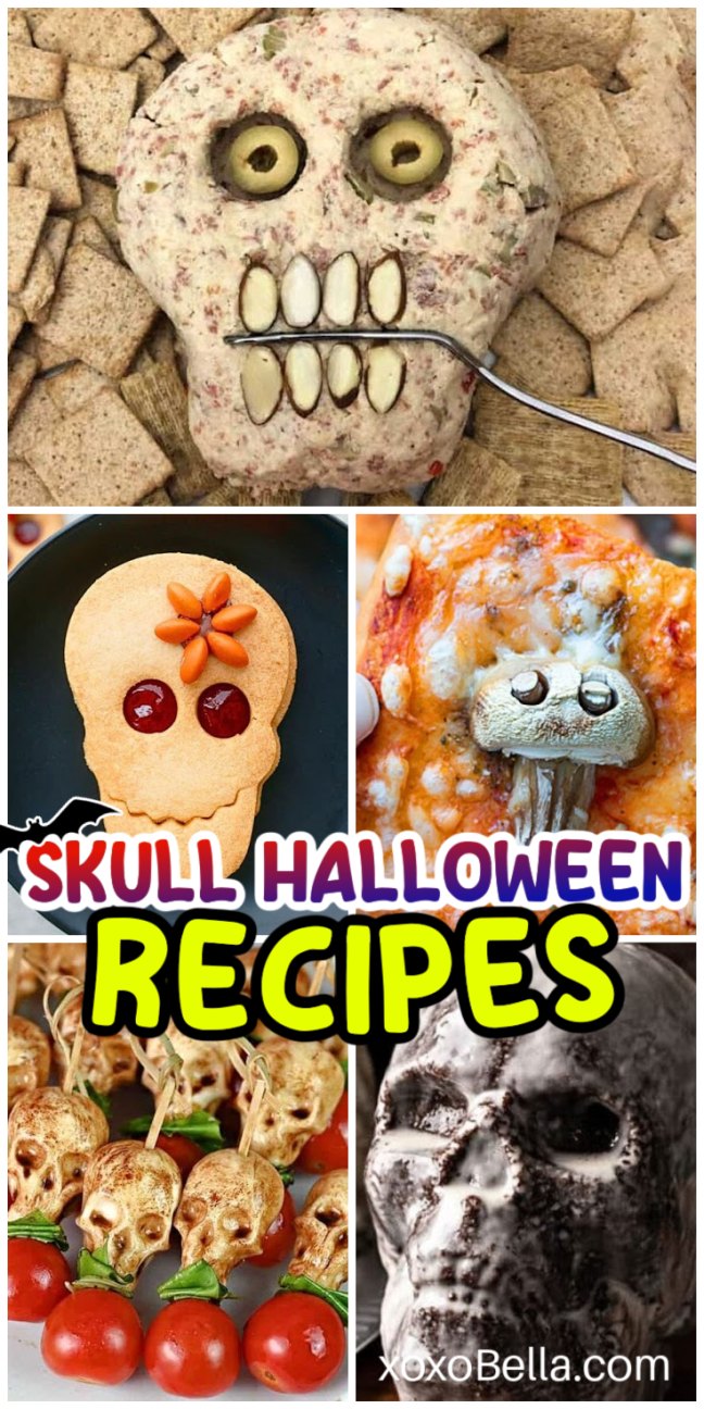 A variety of skull-shaped Halloween foods including breads, cakes and candies arranged on trays with spooky props.