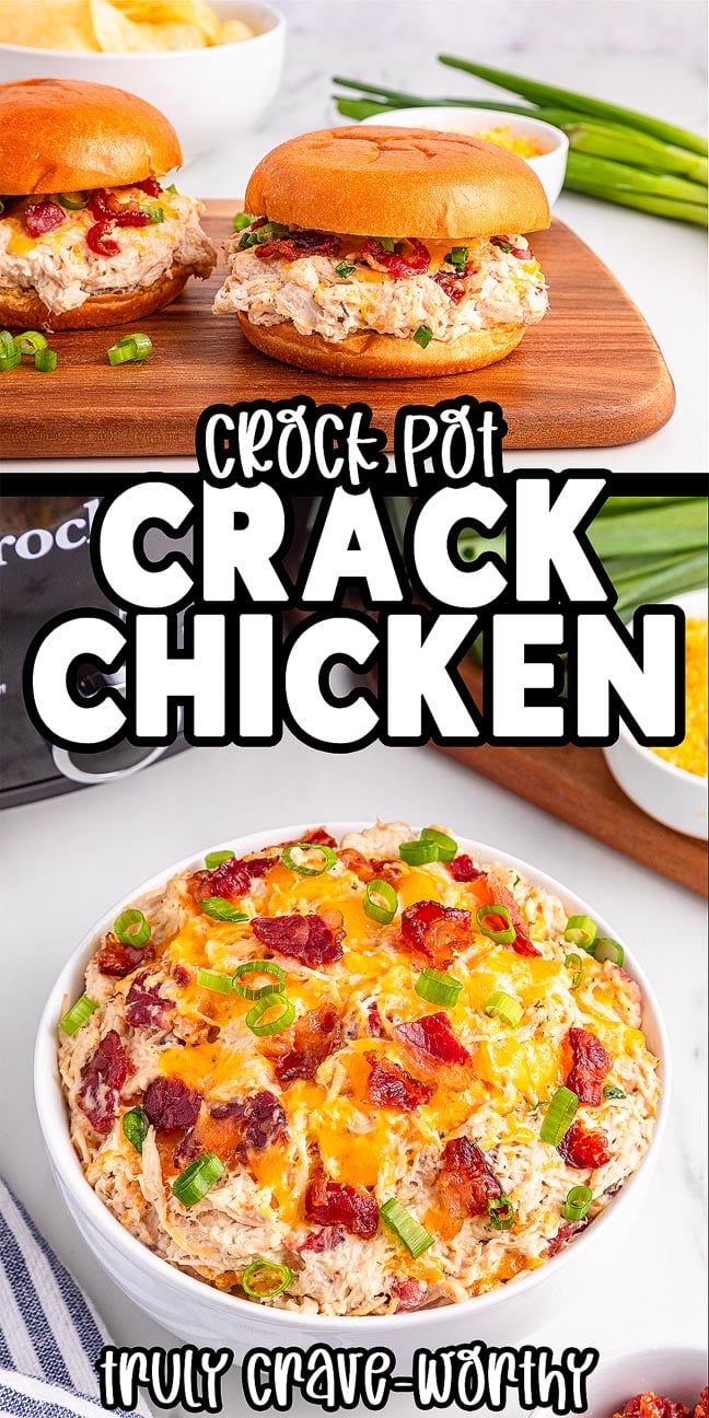 Sandwiches and a bowl of creamy Slow Cooker Crack Chicken topped with bacon, cheese, and green onions on a table.