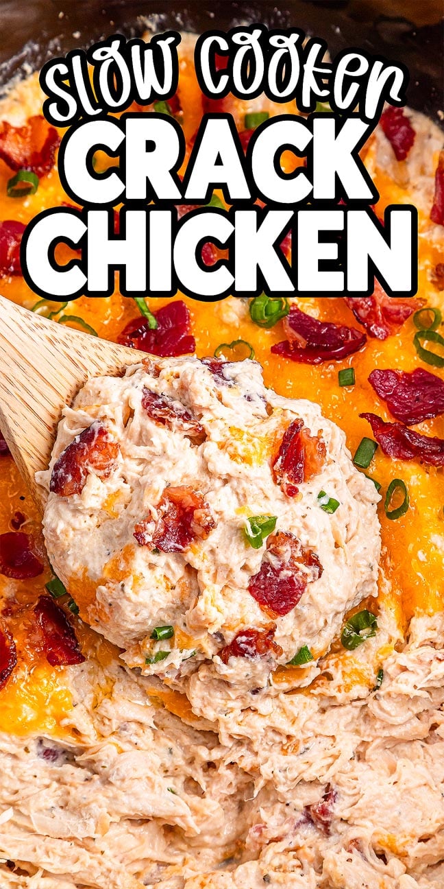 A wooden spoon scoops Slow Cooker Crack Chicken, featuring cheesy goodness topped with crispy bacon and fresh green onions.