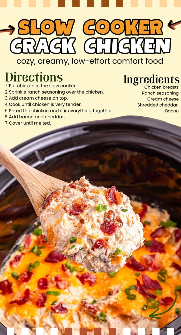 A spoonful of creamy Slow Cooker Crack Chicken in a slow cooker, ready to enjoy.