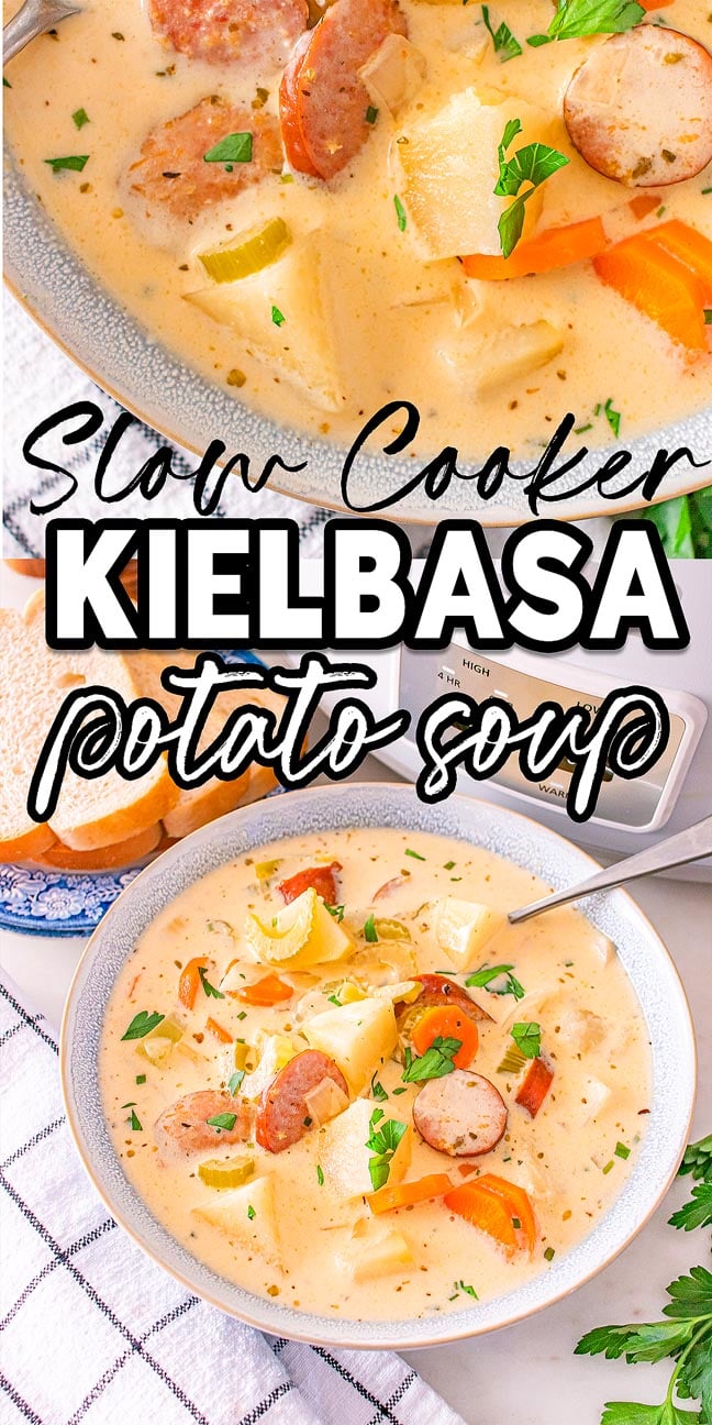Creamy Slow Cooker Kielbasa Potato Soup with carrots, served in a bowl and topped with herbs, paired with bread. Text overlay present.