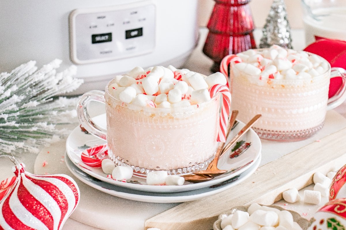 Glass mug of Slow Cooker Candy Cane Hot Chocolate topped with marshmallows and a candy cane, surrounded by festive holiday decor.