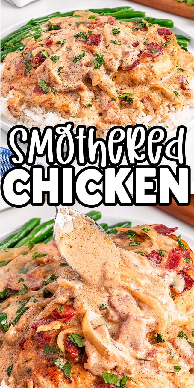 Two plates of Smothered Chicken with creamy sauce, onions, and bacon, served over rice with green beans.