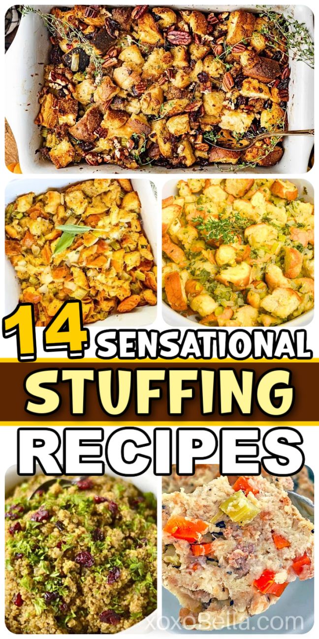 Assorted stuffing dishes served in baking pans and bowls with herbs and seasonal garnishes.