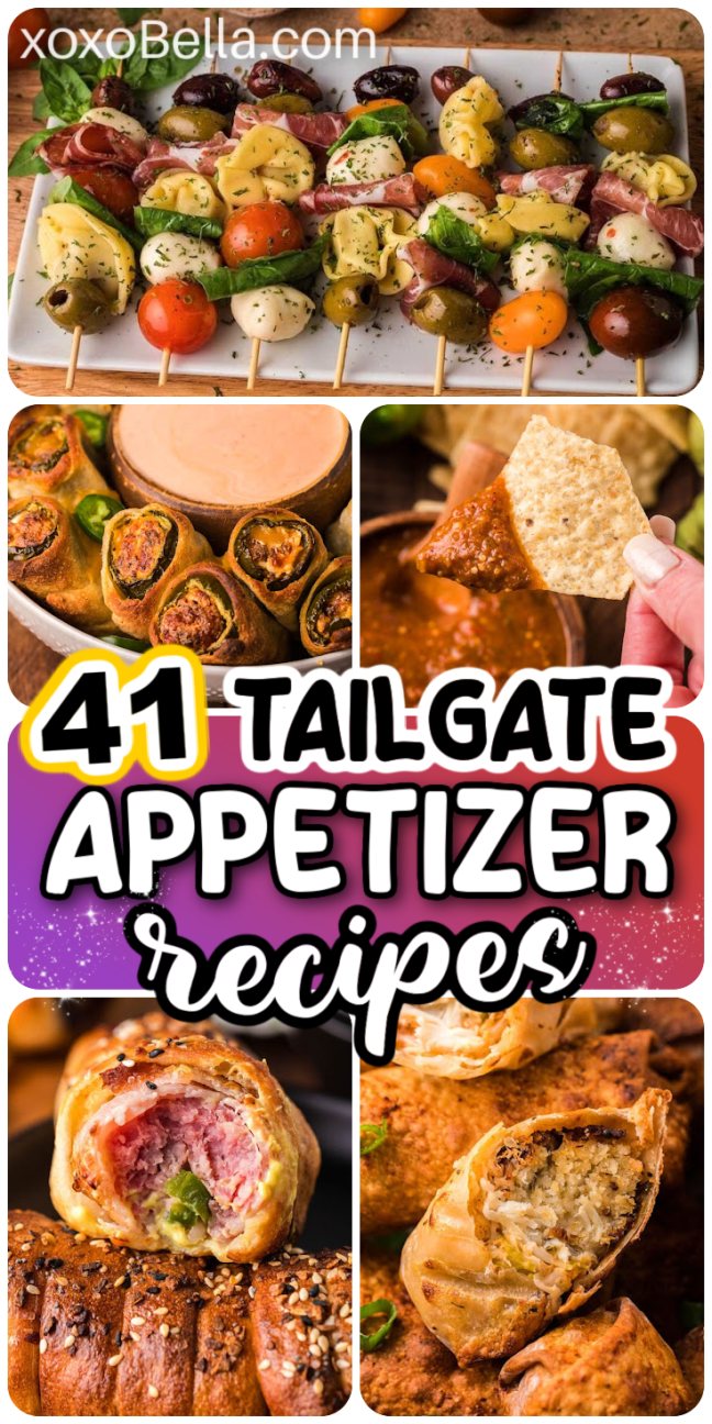 A spread of tailgate appetizers including dips, skewers and finger foods arranged in trays and bowls with napkins and serving picks.