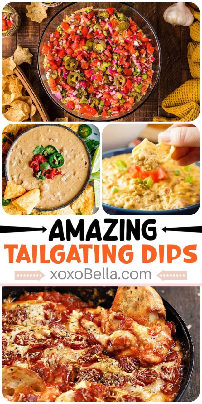 Various delicious tailgating dips, including salsa, cheese dip, creamy dip, cheesy baked dip and more dips, served with chips.
