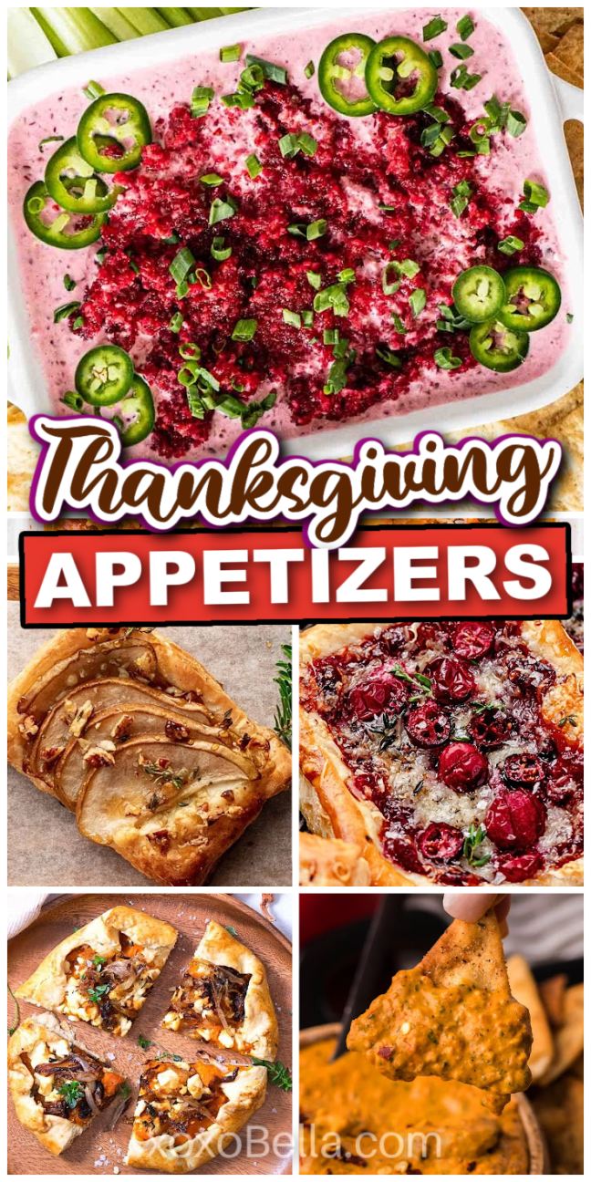 Collage of colorful Thanksgiving appetizers, including dip with jalapeños and assorted savory tart slices.