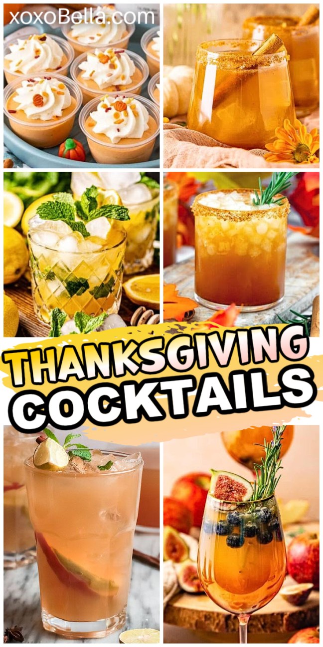 A display of holiday cocktails in glasses and pitchers with seasonal garnishes like citrus wheels, cinnamon sticks and herbs.
