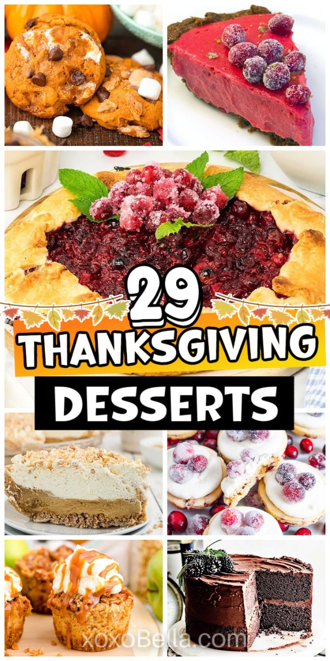A variety of Thanksgiving desserts including pies, cakes and bars arranged on platters and stands with seasonal garnishes.