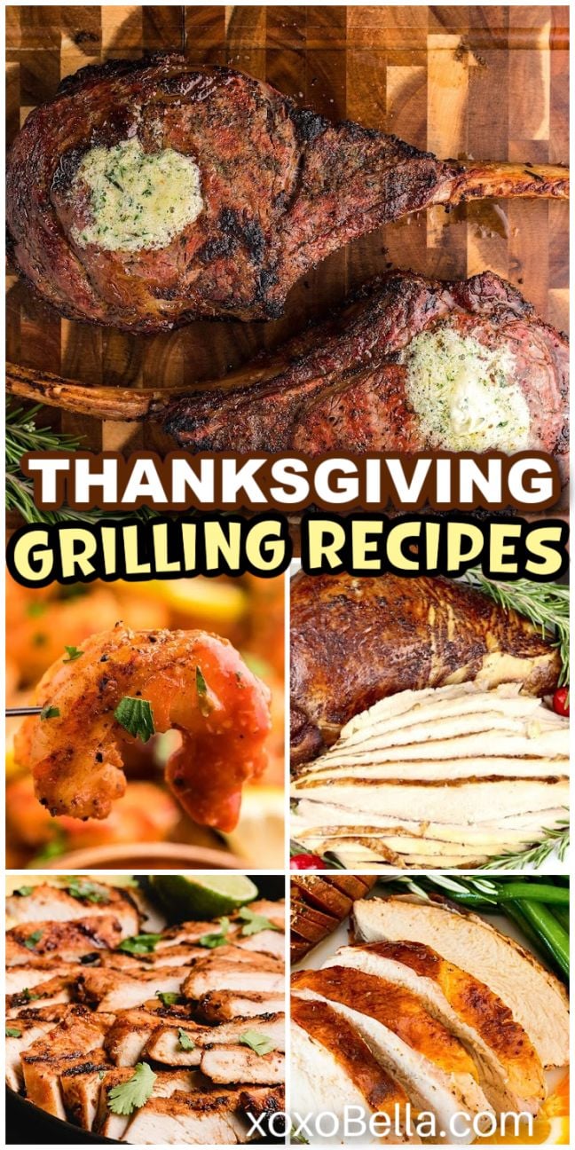 A selection of grilled Thanksgiving dishes including turkey, vegetables and side dishes arranged on platters and trays.