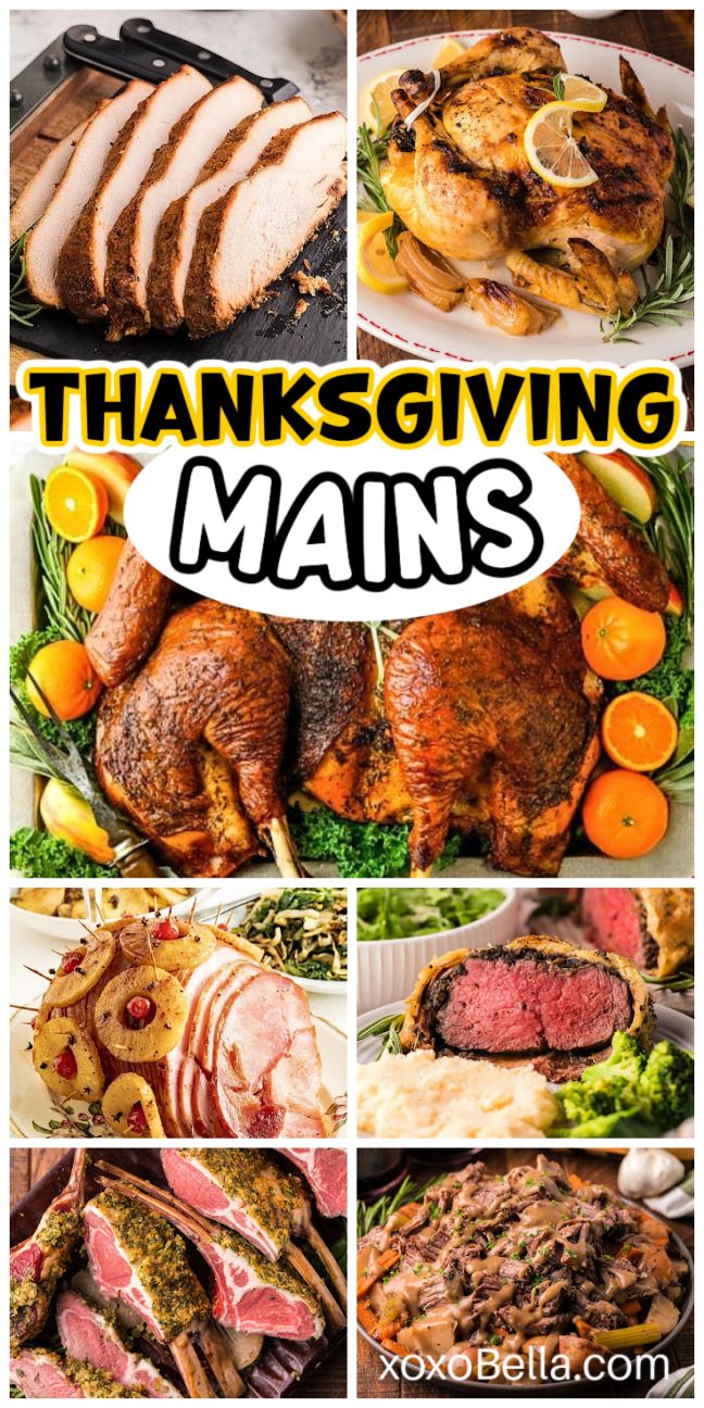 A selection of meaty main dishes for Thanksgiving such as turkey, ham, roast beef dishes and more displayed on platters.