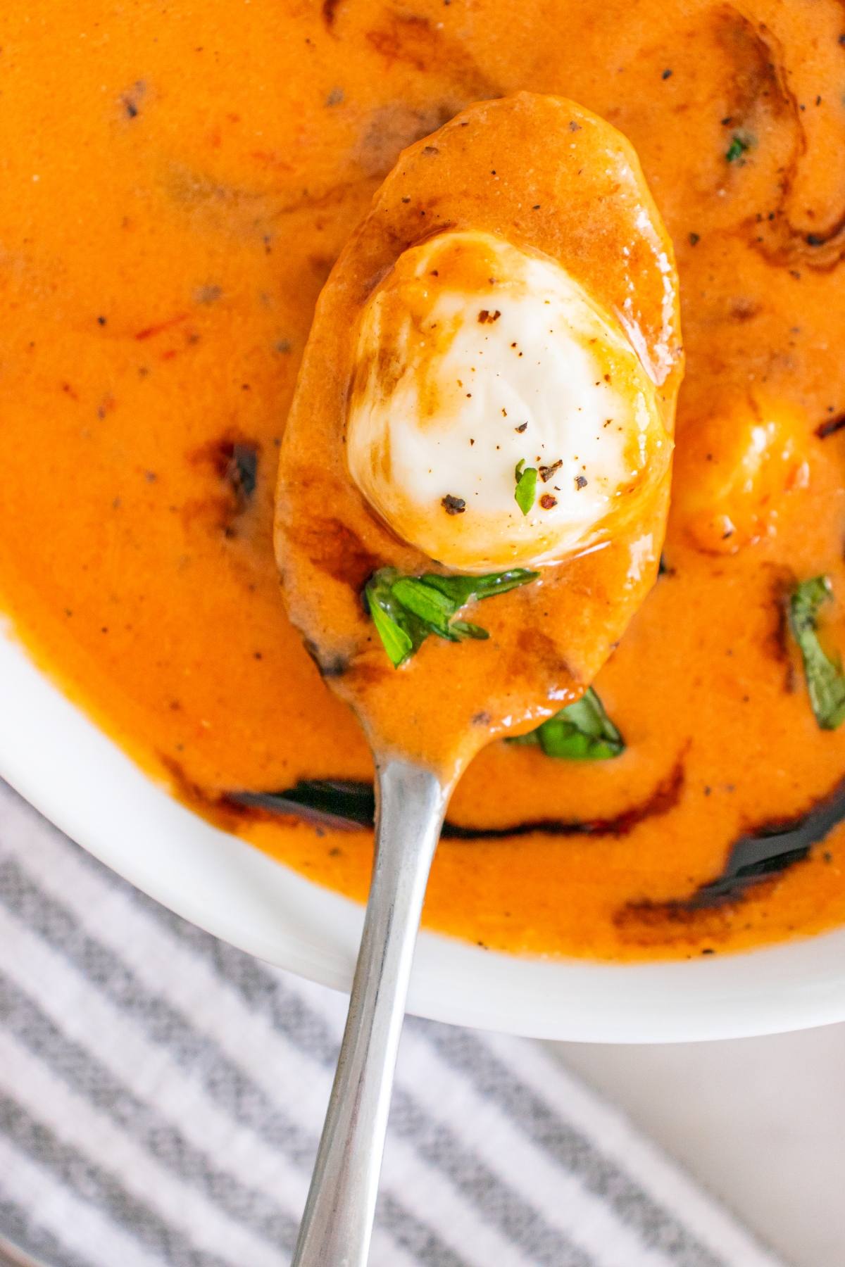 A spoonful of creamy tomato soup with basil and a mozzarella ball above a bowl of soup.