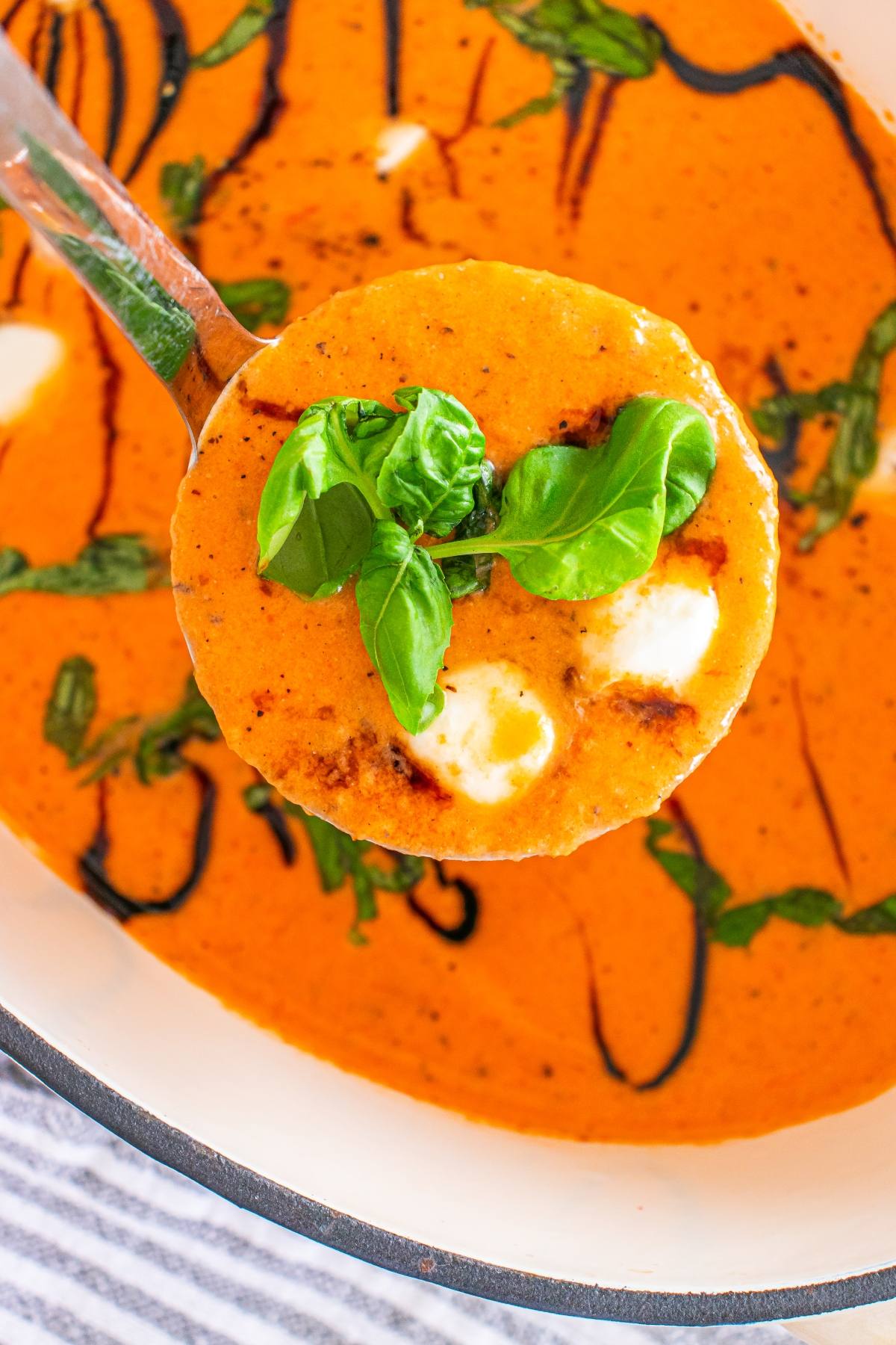 Ladle of creamy tomato soup topped with fresh basil leaves and mozzarella in a pot.