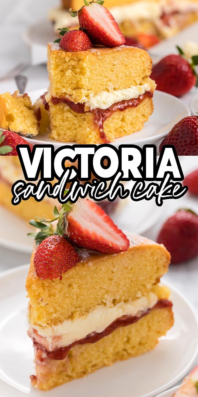 A delicious slice of Victoria Sandwich Cake topped with cream, jam, and fresh strawberries.