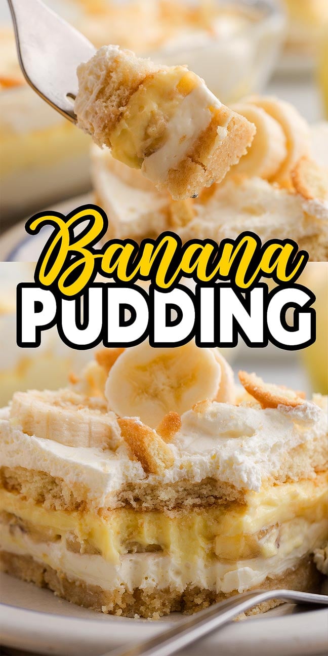 A fork holds a bite of creamy Banana Pudding above a plate layered with bananas, pudding, and cookies.