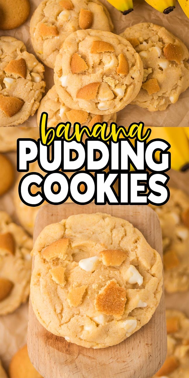 Soft Banana Pudding Cookies with white chocolate chips and vanilla wafer pieces, capturing the classic dessert flavor in every bite.