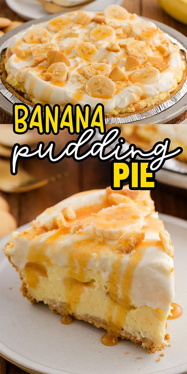 Banana Pudding Pie topped with fresh banana slices and crushed cookies, served as a tempting slice on a plate.
