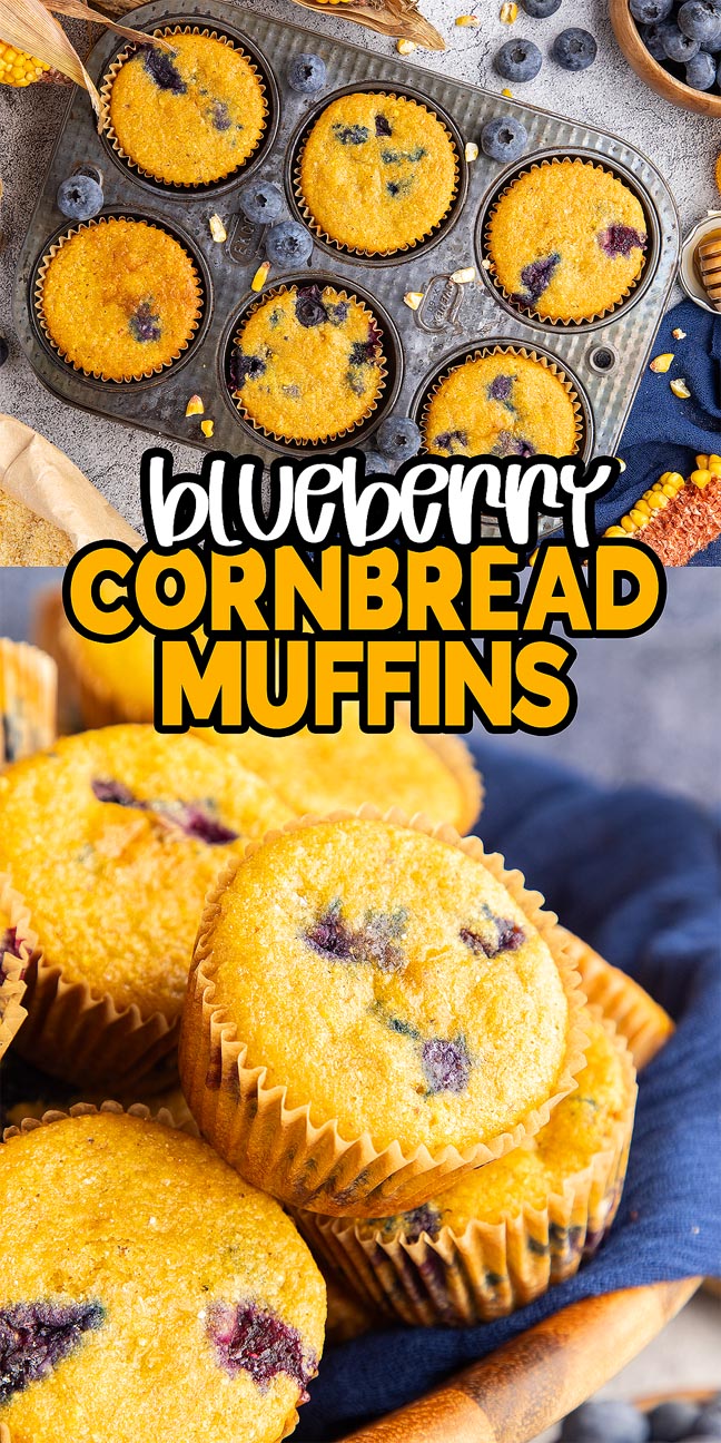 Top view of Blueberry Cornbread Muffins in a tin and stacked on a plate, with text overlay reading “Blueberry Cornbread Muffins.” Perfect for breakfast or a sweet snack.