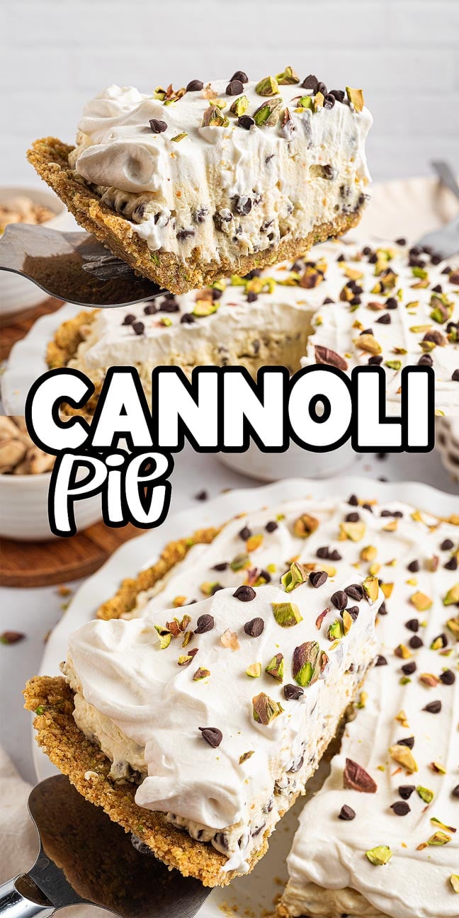 A slice of Cannoli Pie topped with whipped cream, chocolate chips, and chopped pistachios is being served.