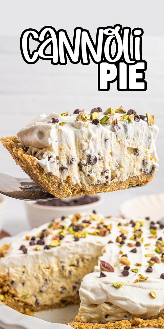 A slice of creamy Cannoli Pie with chocolate chips and pistachios, served fresh from a whole pie.