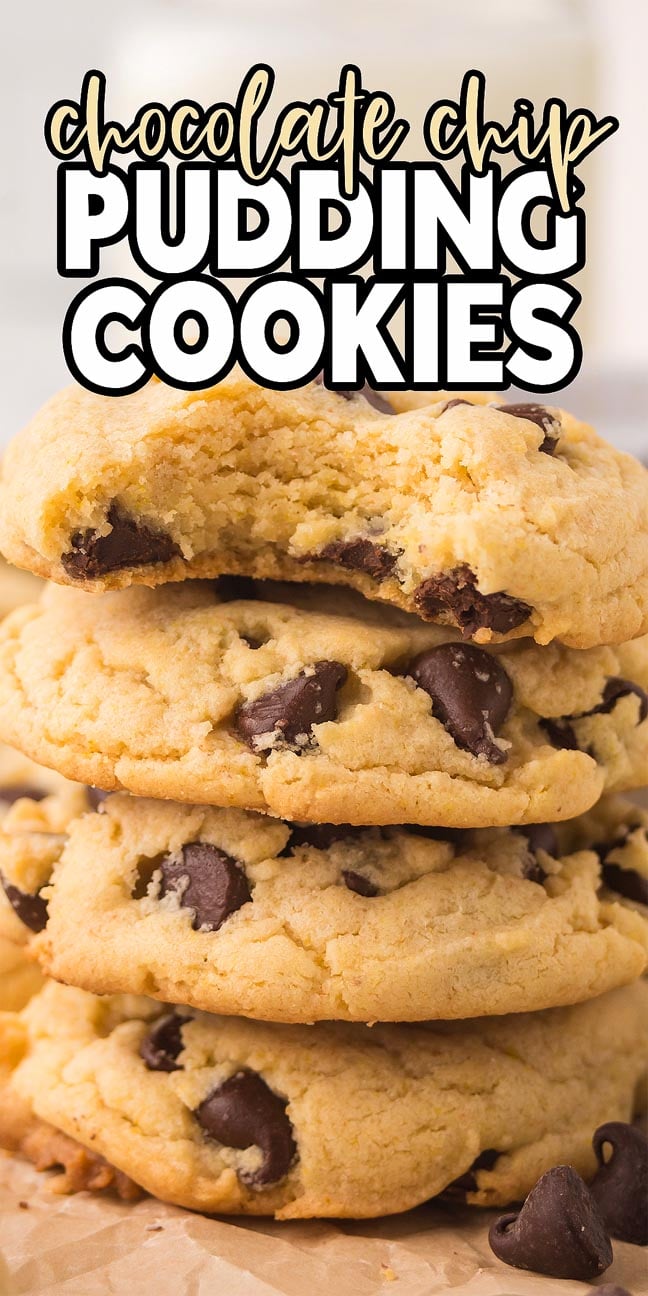 A stack of Chocolate Chip Pudding Cookies, with a bite taken from the top cookie.