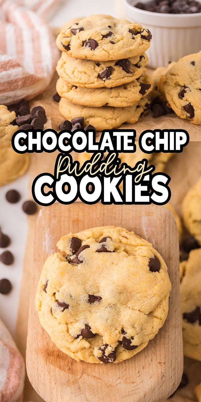 A stack of Chocolate Chip Pudding Cookies sits on a wooden surface, with chocolate chips scattered around.