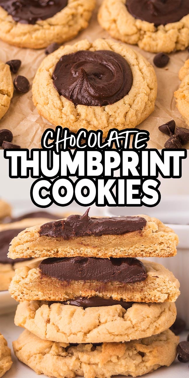 Chocolate Thumbprint Cookies with a thick chocolate center, shown whole and halved, are stacked on parchment paper for a tempting treat.