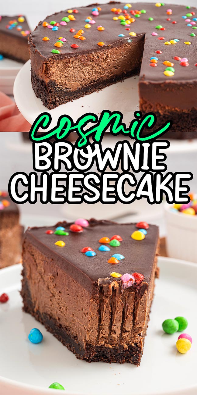 Cosmic Brownie Cheesecake featuring a rich chocolate cheesecake with a brownie crust, topped with colorful candy bits, shown whole and as a sliced piece.