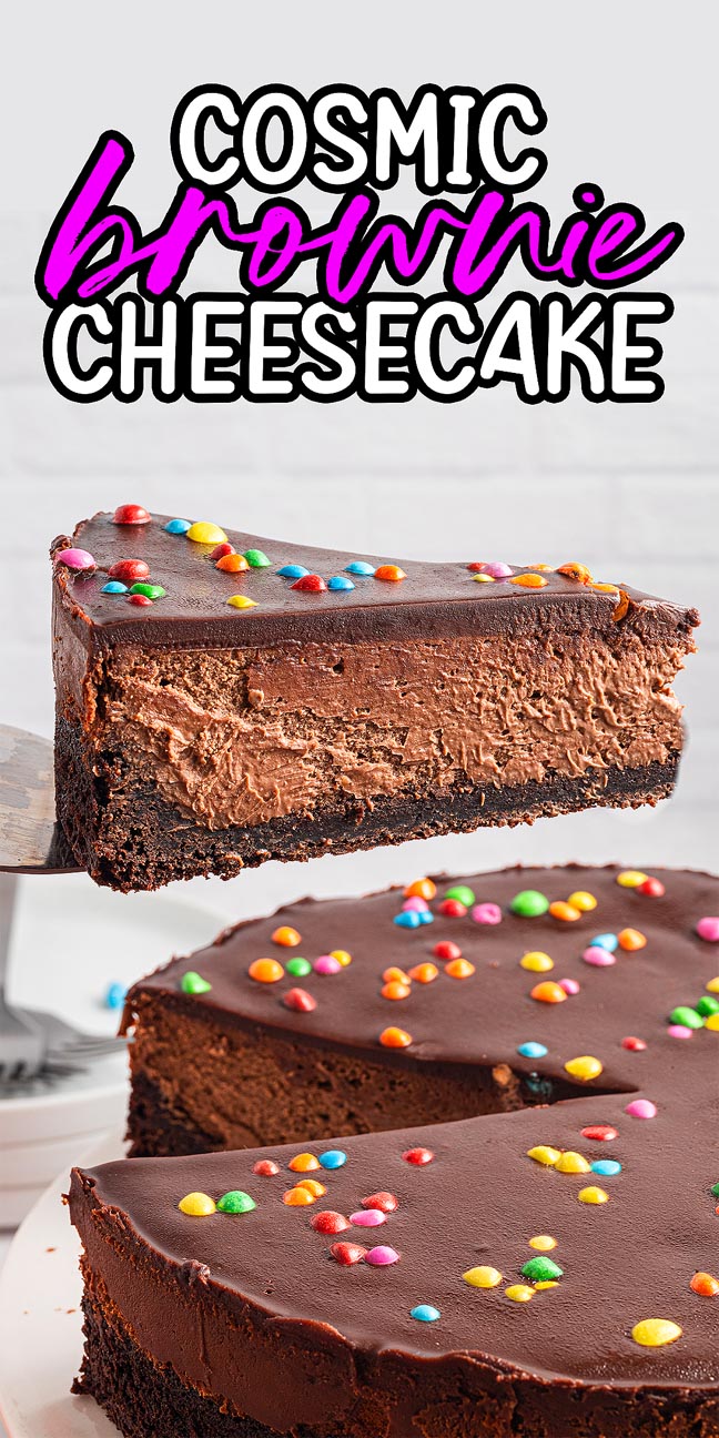 A slice of Cosmic Brownie Cheesecake topped with colorful candy sprinkles, capturing the fun and flavor of the classic treat.