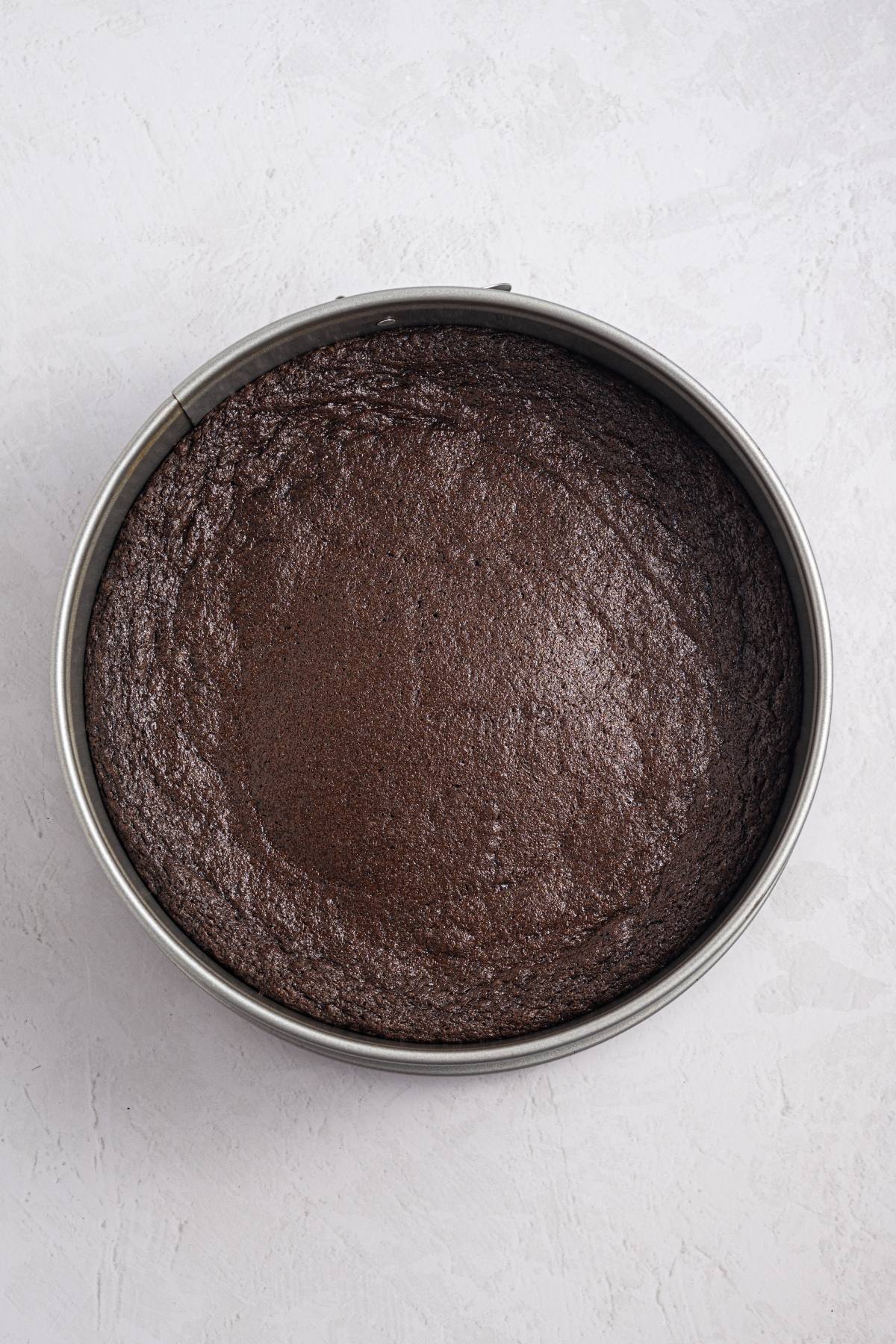 A round chocolate cake in a metal baking pan on a light textured surface.
