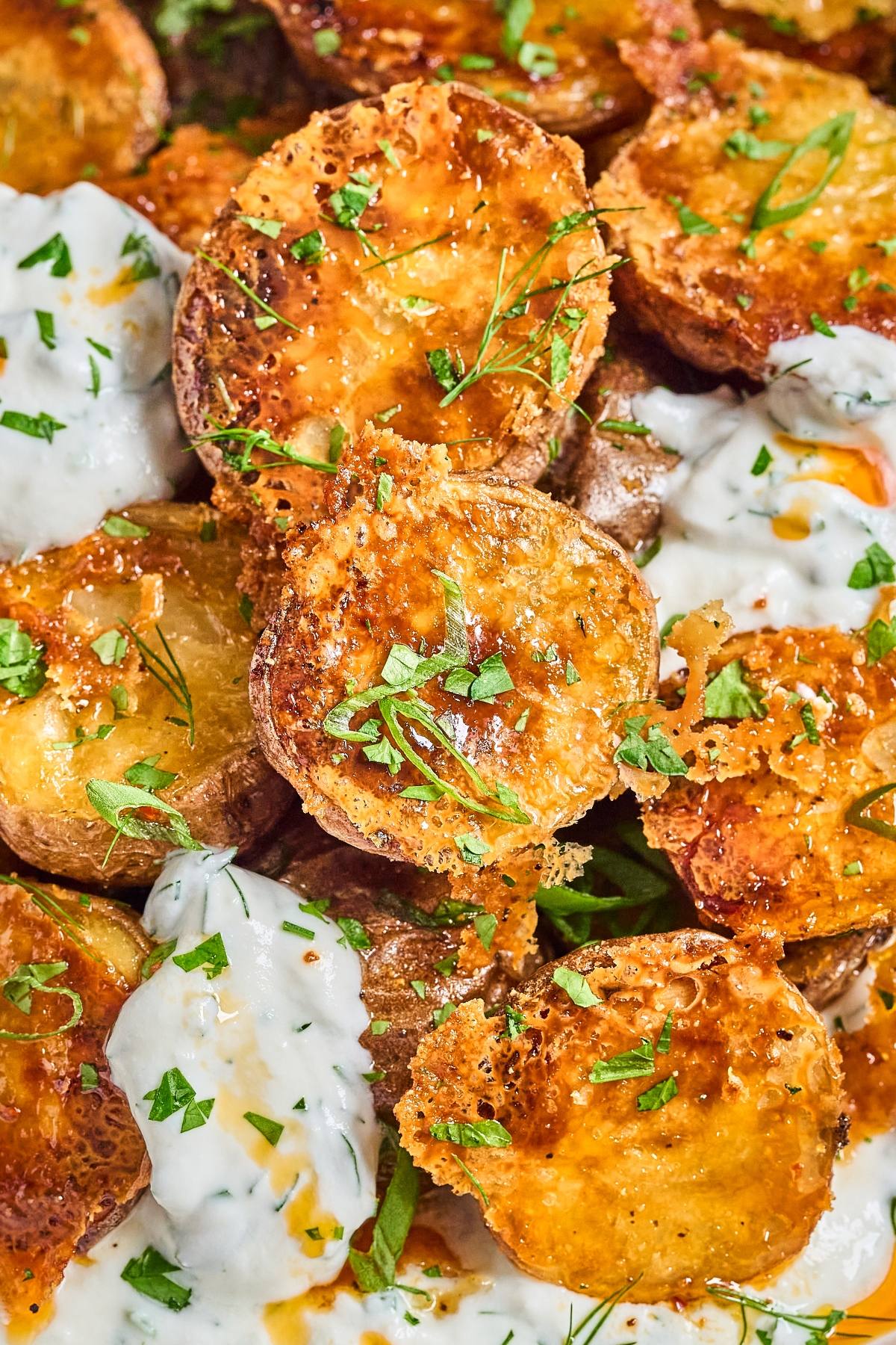 Crispy roasted potato slices topped with fresh herbs and served with a creamy white dipping sauce.