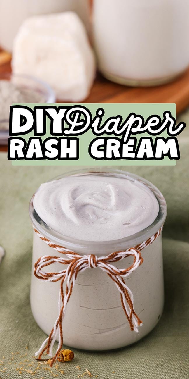 Small jar of DIY diaper rash cream tied with a twine bow, text overlay reads "DIY Diaper Rash Cream.