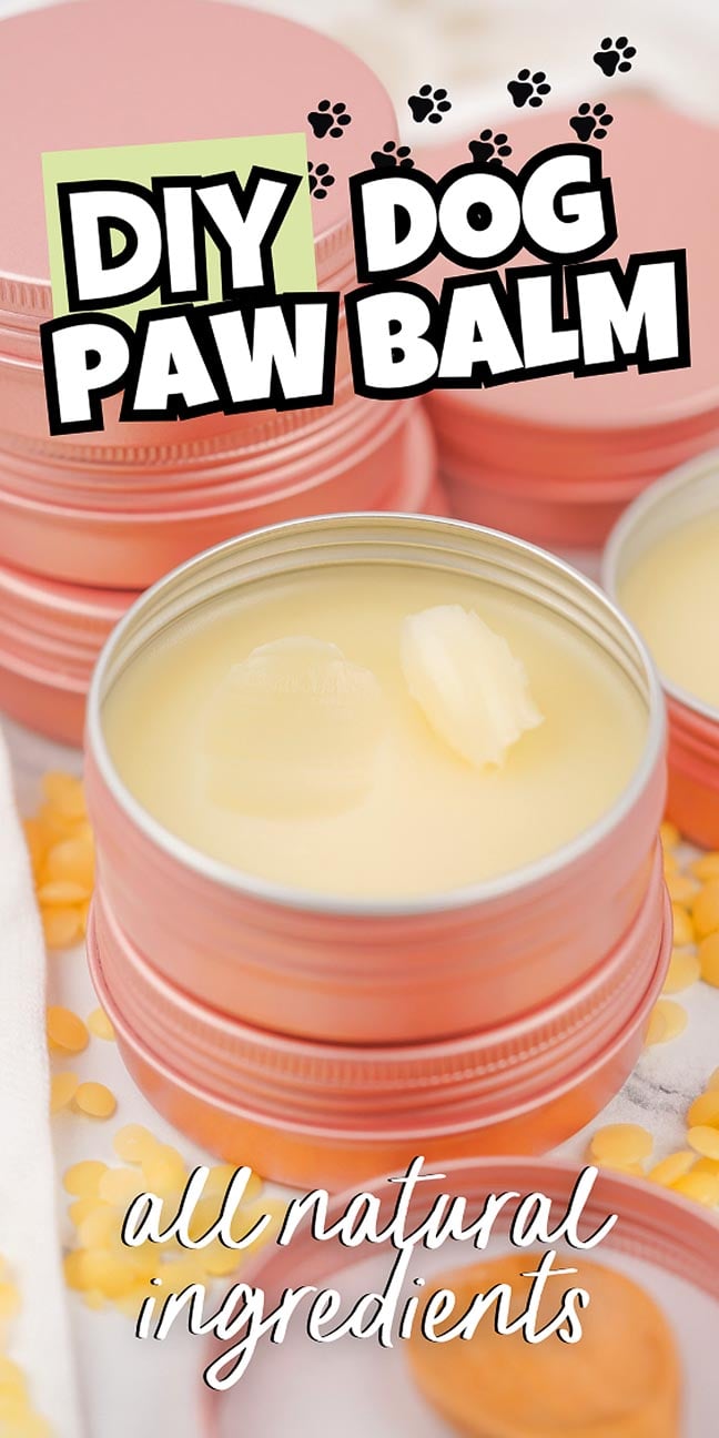 Open tin of Dog Paw Balm labeled "all natural ingredients," with stacked tins in the background, perfect for soothing and protecting your pup’s paws.