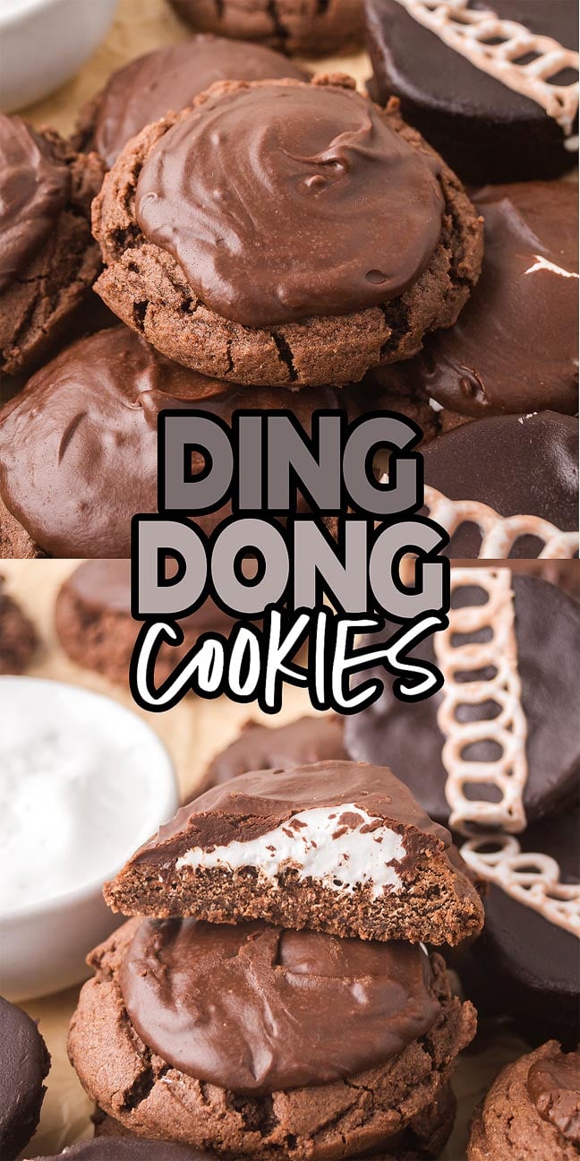 Ding Dong Cookies are chocolate cookies with a creamy filling, topped with rich chocolate icing, and labeled for a delicious treat.