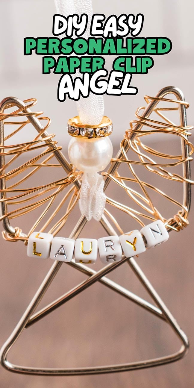 Easy personalized paper clip angel craft with gold wire wings, a pearl head, and beads spelling "LAURYN.