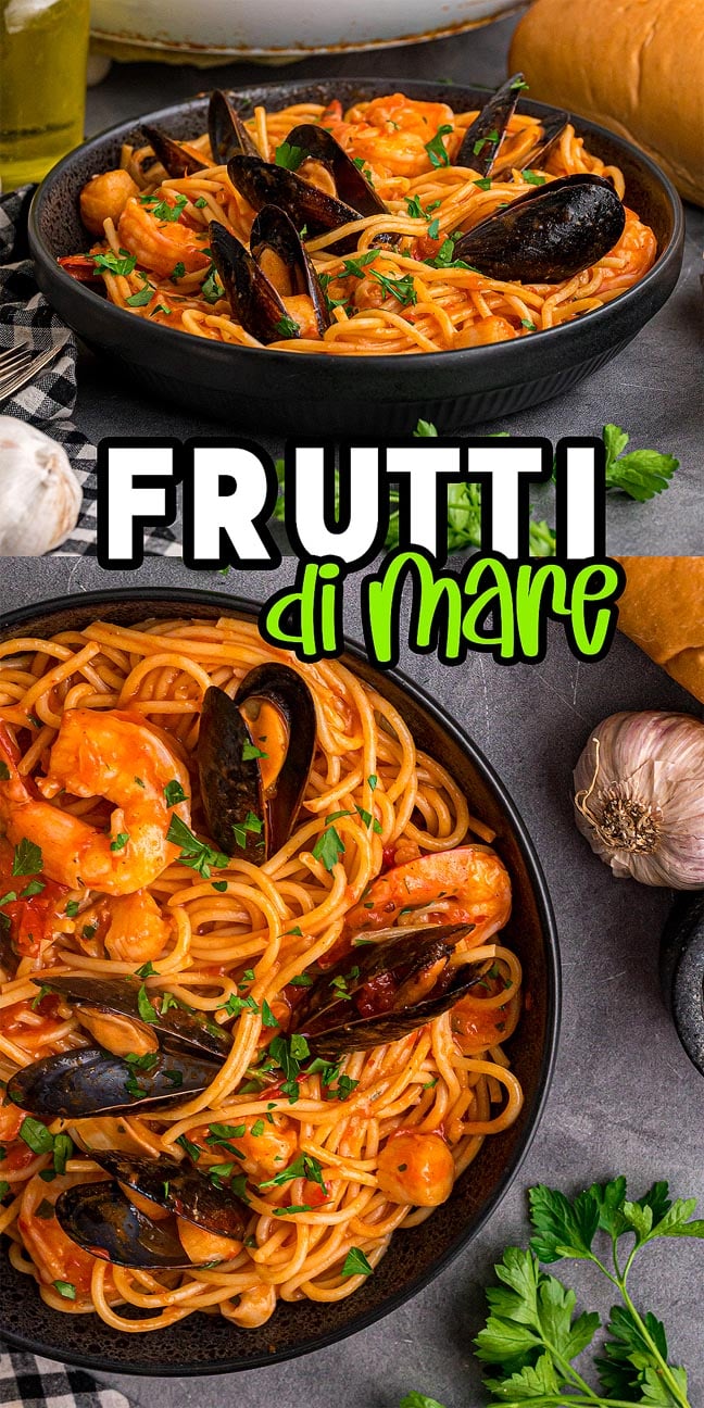 Top-down view of Frutti di Mare spaghetti with shrimp and mussels in bowls, garnished with parsley.