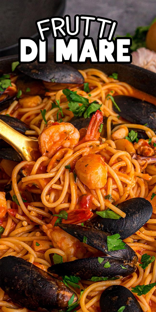 Spaghetti with shrimp, mussels, and tomato sauce, topped with parsley. Text reads "Frutti di Mare" – a classic seafood pasta favorite.