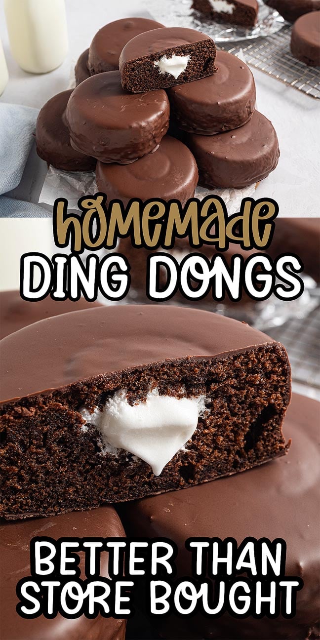 A stack of Homemade Ding Dongs with creamy filling, one cut open to reveal the delicious inside.