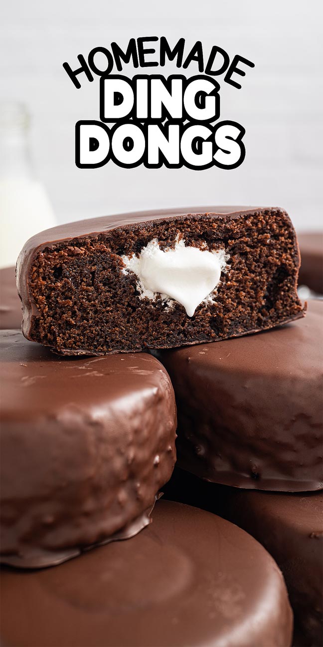A chocolate-covered cake labeled "Homemade Ding Dongs" is cut in half, revealing a creamy filling inside.
