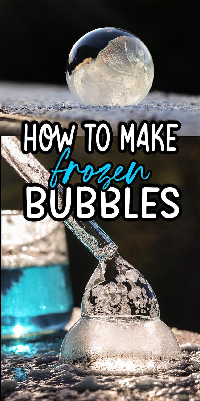 A frozen soap bubble sits on a snowy surface with text: Discover how to make frozen bubbles.