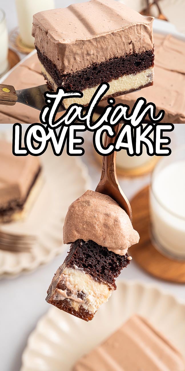A fork holds a slice of Italian Love Cake, showcasing its creamy chocolate and cheesecake layers above a plate. This decadent dessert highlights the irresistible charm of Italian Love Cake.